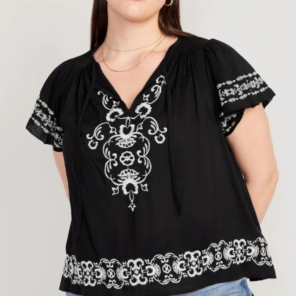 Old Navy Black Blouse with White Embroidery